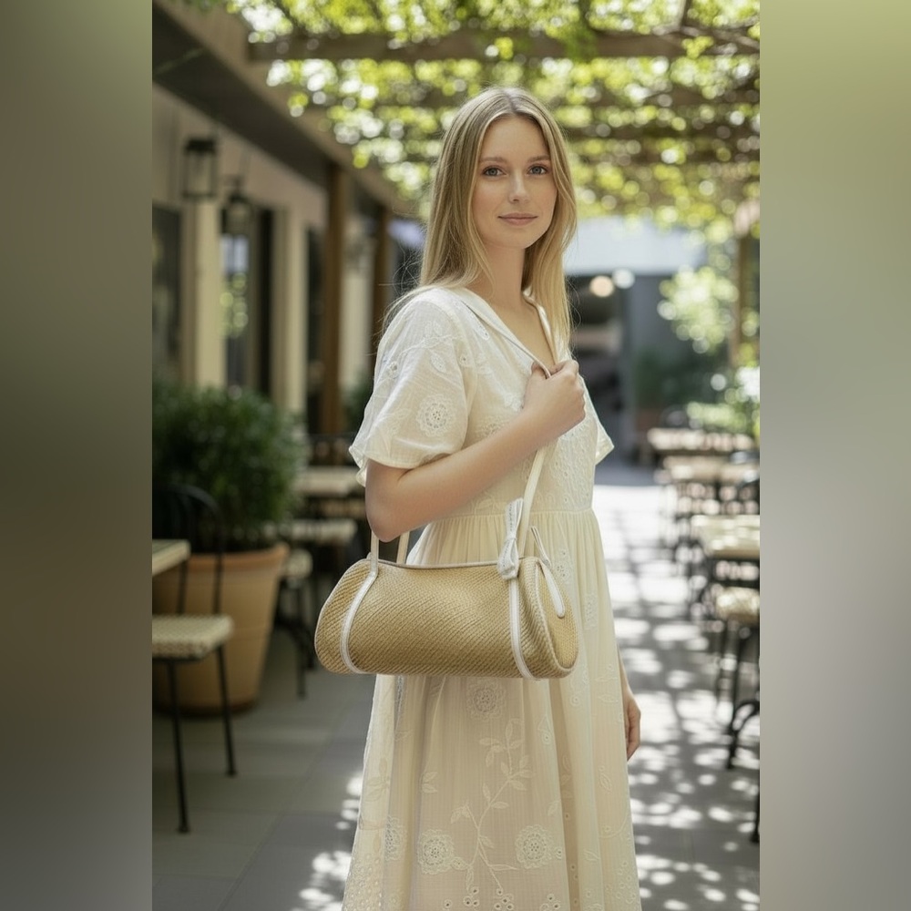 Cole Haan Small Woven Straw & White Leather Trim Barrel Bag Y2K Shoulder Bag
